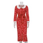 Women  Clothing Elegant Printed Dress Three Quarter Sleeve Collared Split Waist Fitted Dress