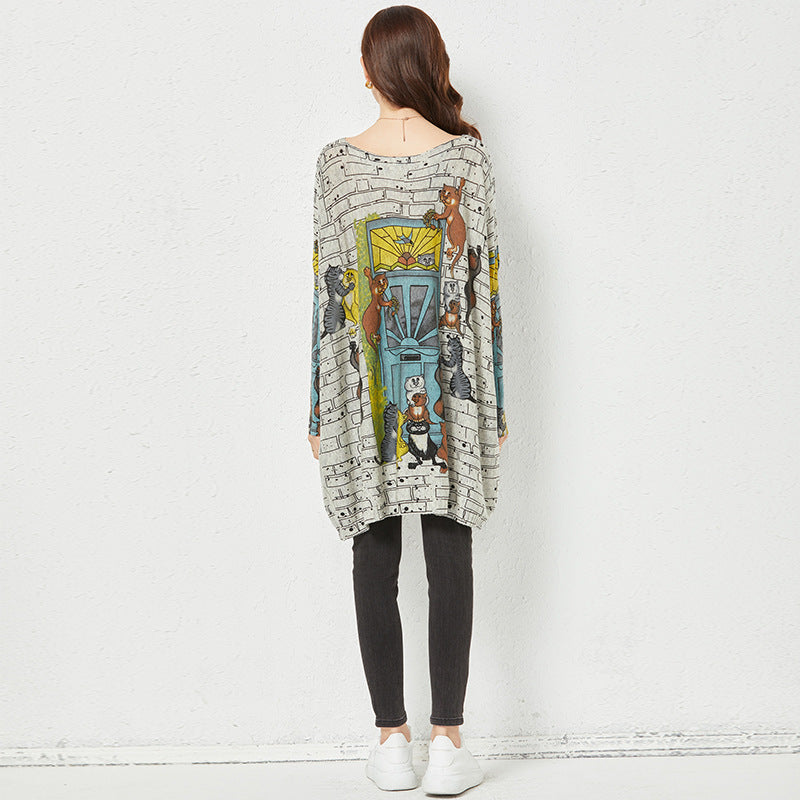 Cartoon Printed Sweater Women Loose Outer Wear Idle Top Mid-Length Bottoming Knitwear