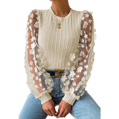 Women Mesh Small Floral Chiffon Shirt Women Spring Summer round Neck Slimming Pullover Long Sleeve Top