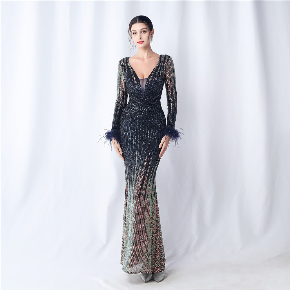 Craft Order Ostrich Feather Gradient Sequin Long Sleeve Evening Dress