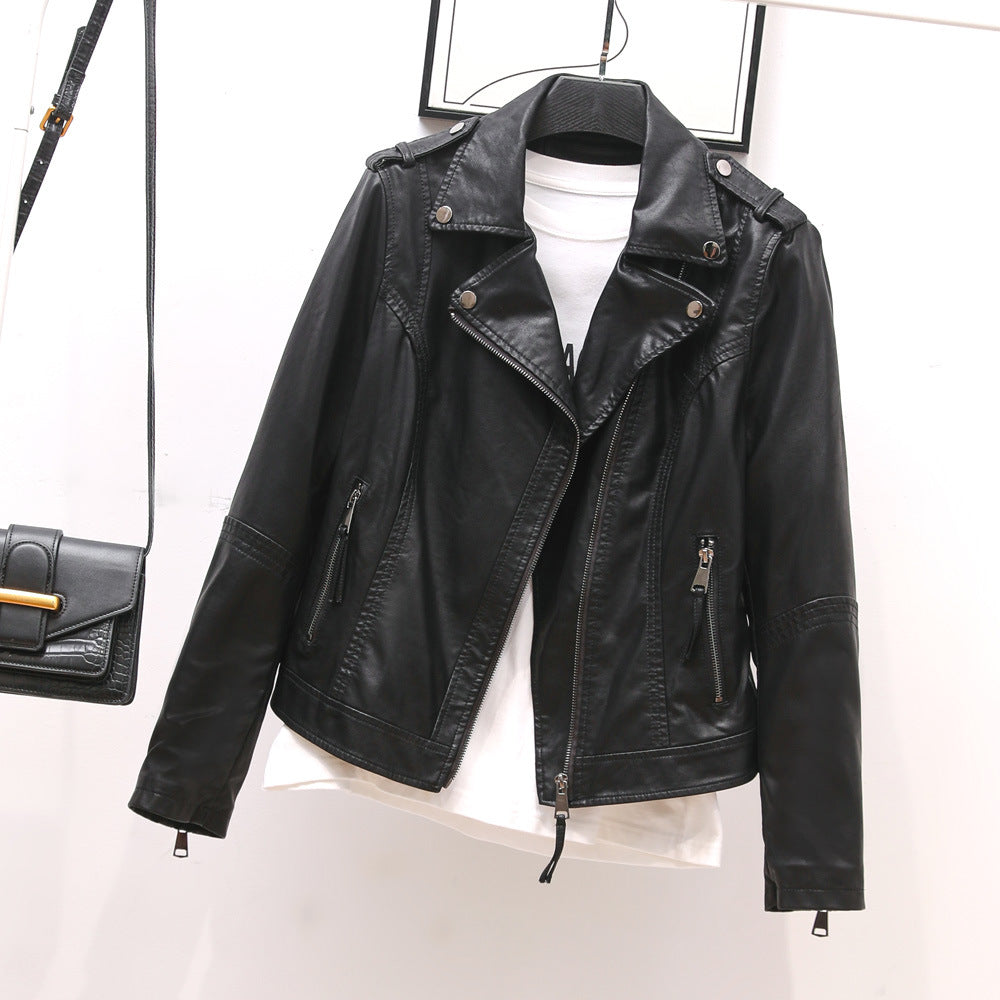 Autumn Women Collared Short Basic Faux Leather Jacket Simple Epaulet Jacket