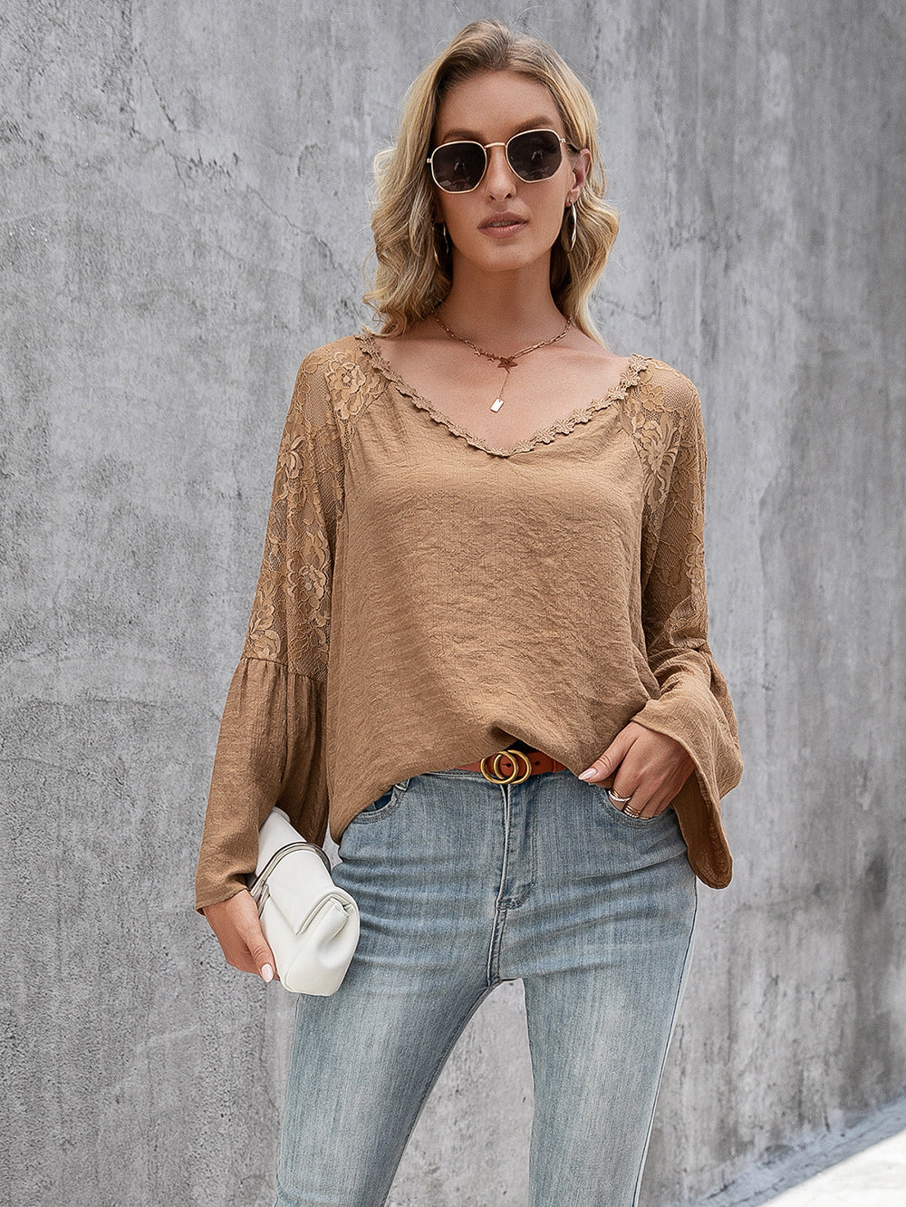 Women Clothing Solid Color Stitching Lace Cutout V neck Long Sleeve Top Women