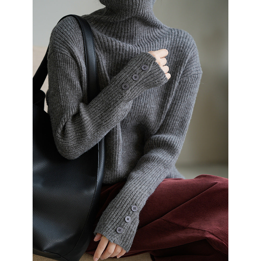 Soft Glutinous Turtleneck Sweater Women Winter Button Slim Knit Bottoming Shirt