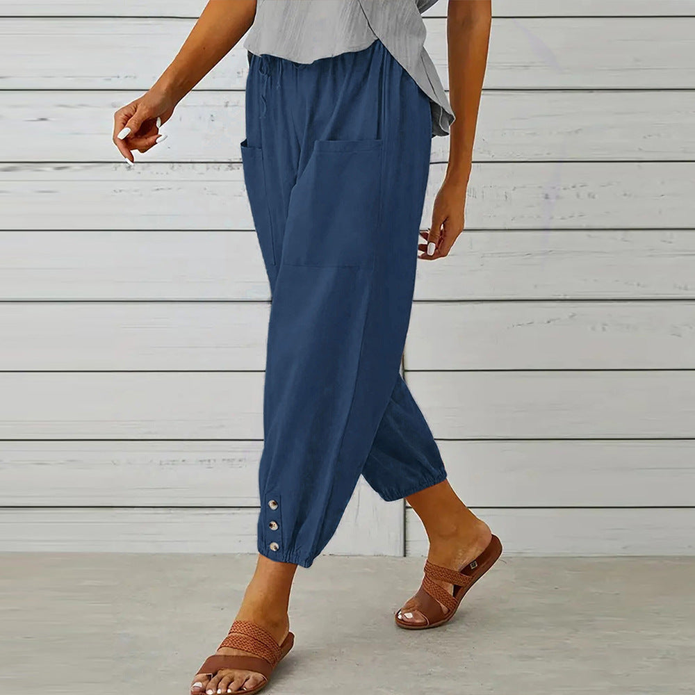 Summer Women Clothing Cotton Linen Solid Color Casual Elastic High Waist Straight Leg Pants Women