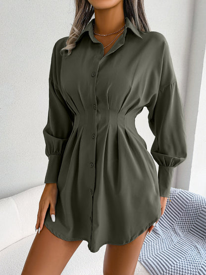 Autumn Winter Casual Lantern Sleeve Waist-Tight Asymmetric Dress Shirt Dress Women Clothing