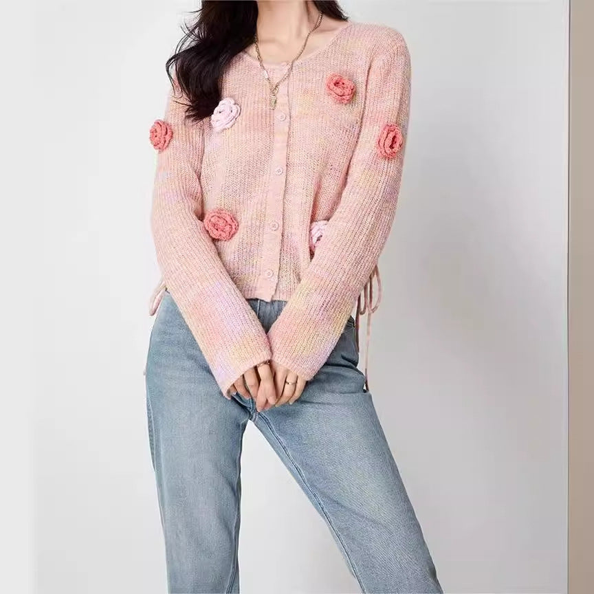 Handmade Outline Pink Floral Long Sleeve Thin Sweater for Women Spring Wild Cardigan Top