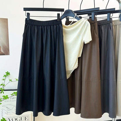 Retro Matte Faux Leather Skirt Autumn High Waist Skirt Slimming All Match Soft Stone Washed Leather Umbrella Skirt