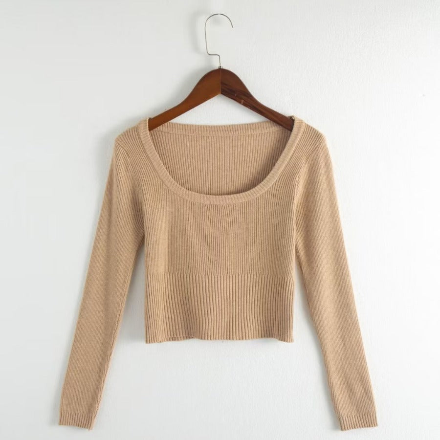 Autumn round Neck Slim Fit Short Long Sleeve Solid Color Women Knitwear Tops