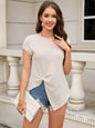 Women Summer Simple round Neck Hollow Out Cutout Stitching Short Sleeve T shirt