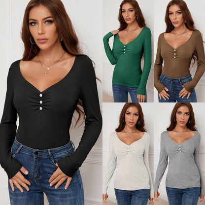 Solid Color Ken Stripe V-neck Buttons Long Sleeve T-shirt Slim Fit Bottoming Top Women