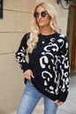 Women Knitted Sweater Autumn Winter Round Neck Pullover Leopard Print Long Sleeve Knitted Pullover Coat Women