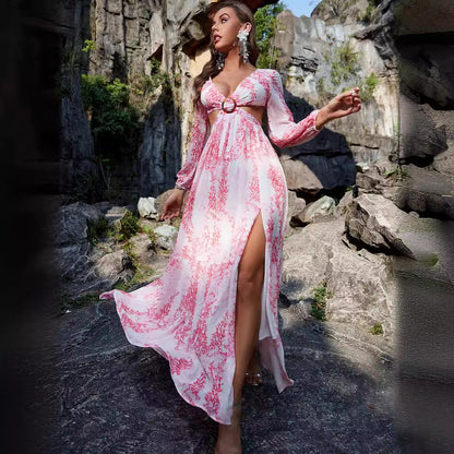 Sexy Dress Sexy Chiffon Printed Long Sleeve Hollow Out Cutout Out Split Maxi Dress