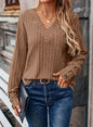 Women Clothing Autumn Winter Rib Sunken Stripe V neck Button Long Sleeved Sweater for Women