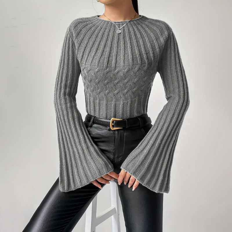 Women Clothing Sweater Pullover round Neck Flared Sleeves Top Twist Thread Solid Color Sweater