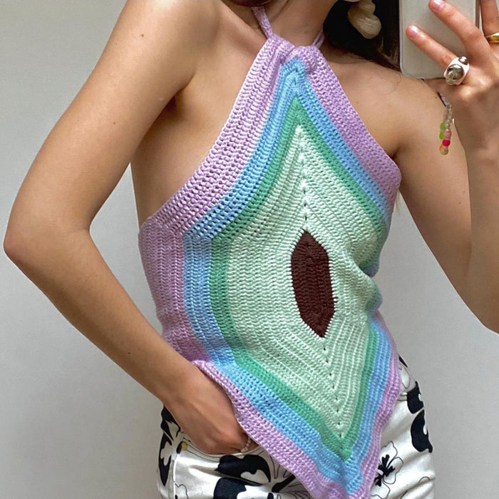 Summer Women Clothing Halter Backless Knitted Contrast Color Inner Wear Vest