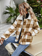 Autumn Winter Zipper  Collared Plush Plaid Coat Loose Office Women Outerwear