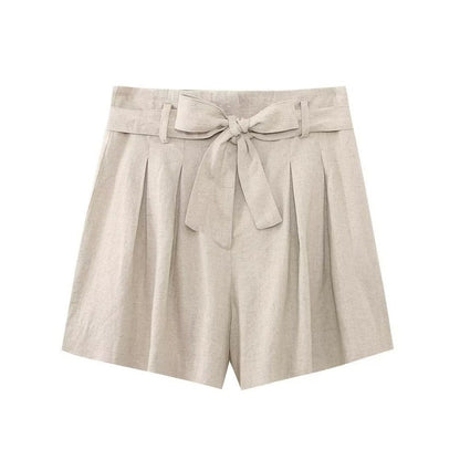 Summer Women Clothing with Belt Linen Blended Casual Shorts