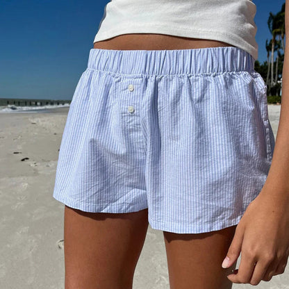 Vacation Simple Blue Striped Beach Shorts Women Loose Elastic Waist Sports Home Women Casual Pants