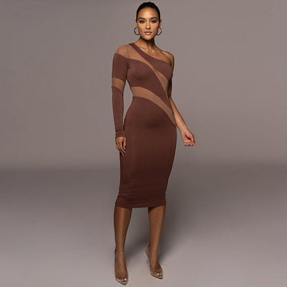 Women Clothing Autumn Personality Solid Color Mesh See through Diagonal Collar Sexy Slim Dress