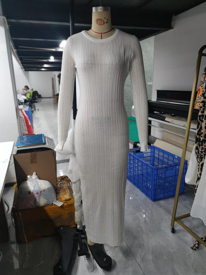 See Through Knitted Long Sleeved Dress Casual Waist Tight Slim Fit Round Neck Big Pit Stripe Slimming Knitted Maxi Dress Women