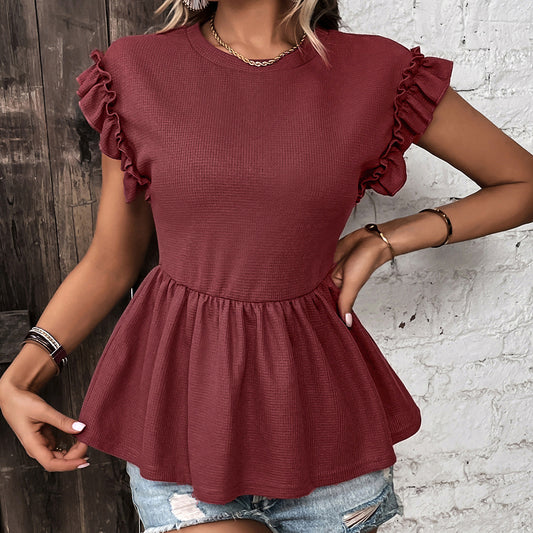 Women Clothing Office Solid Color T-shirt Ruffle