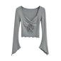 Blogger Sexy Low Cut Drawstring Ruffle Solid Color Fur Bottoming Shirt Women Niche Long Sleeved T shirt Top