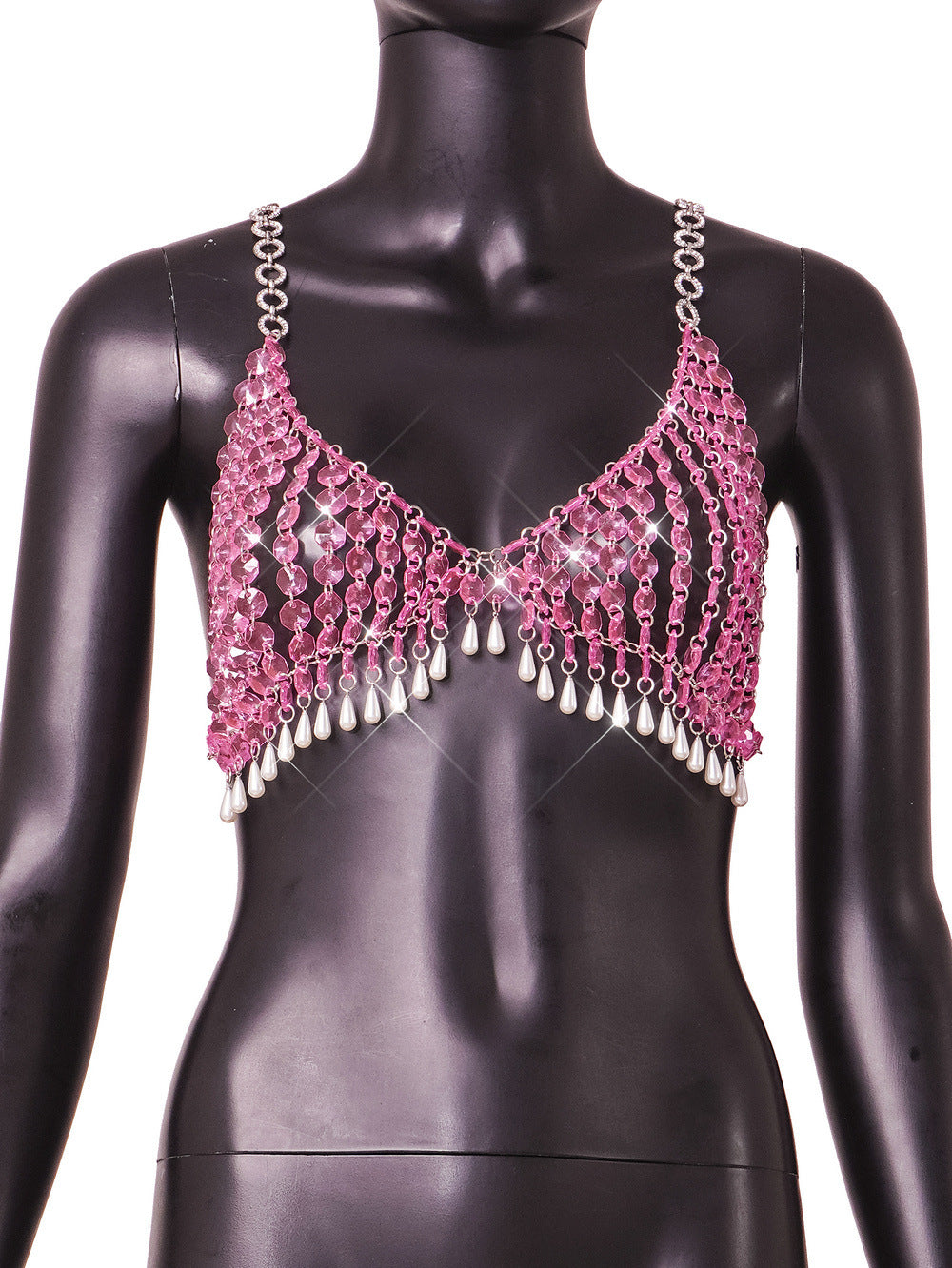 Popular Pink Gem Pearl Sexy Halter Sling Backless Women Vest