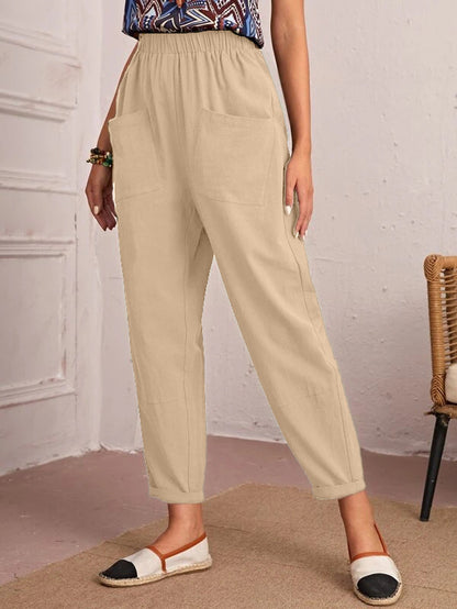 Four Seasons Cotton Linen Cropped Pants Elastic Waist Casual Pants Diagonal Pocket Skinny Pants Women