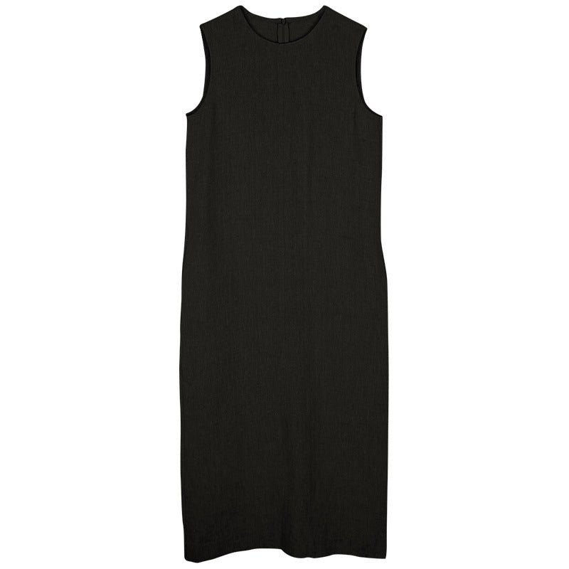 Pure Linen High Quality Sleeveless Vest Dress French Simplicity Back Slit Office Mid Length Dress Women Clothing No Belt