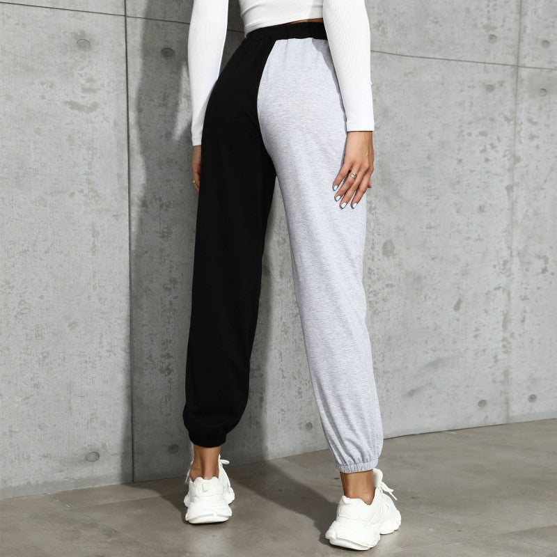 Autumn Casual High Waist Cropped Stitching Contrast Ribbon Drawstring Pencil Pants for Women