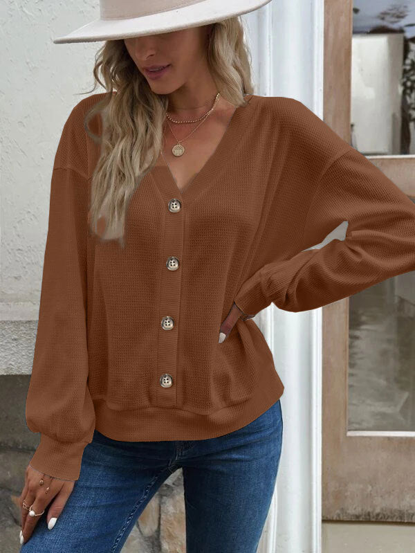 Autumn Winter Women Clothing Solid Color Buttons V Neck Loose Long Sleeved T Shirt Women