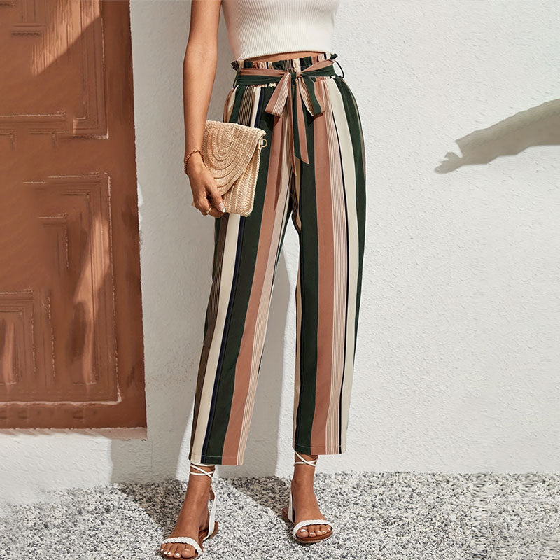 Women Clothing Pants Striped Printed Paper Bag With Belt Waist Ankle Length Pants Office Casual Women Pants