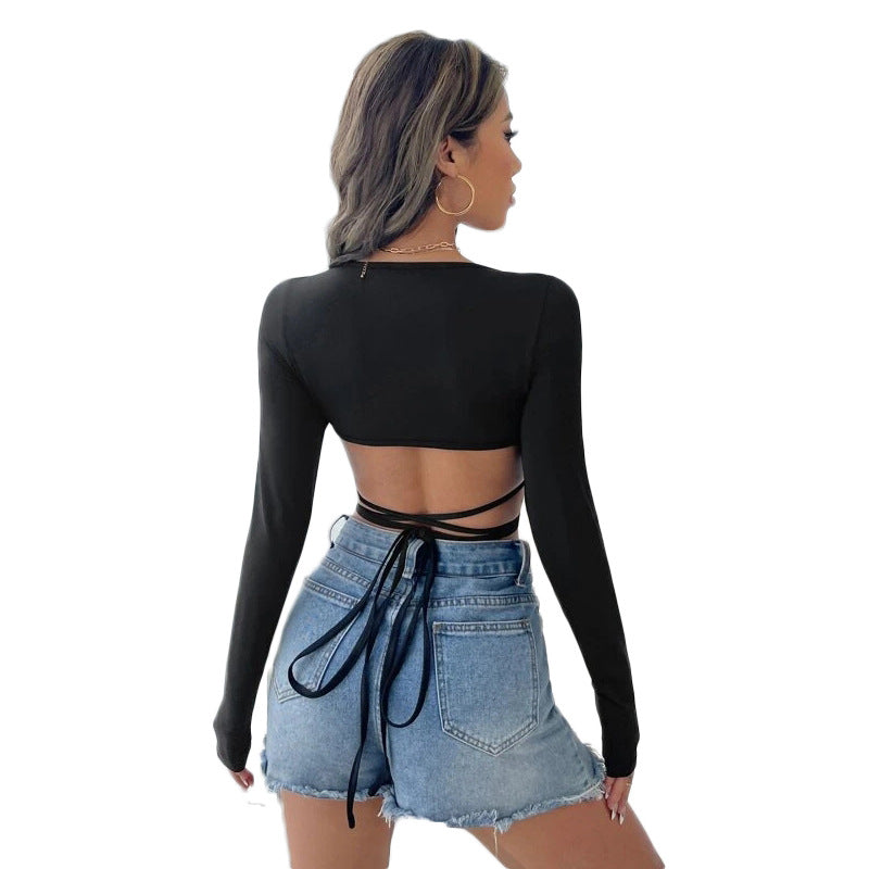 Summer Women Clothing Sexy V neck Lace up Crop Top Tight Fitting Long Sleeved Top for Women