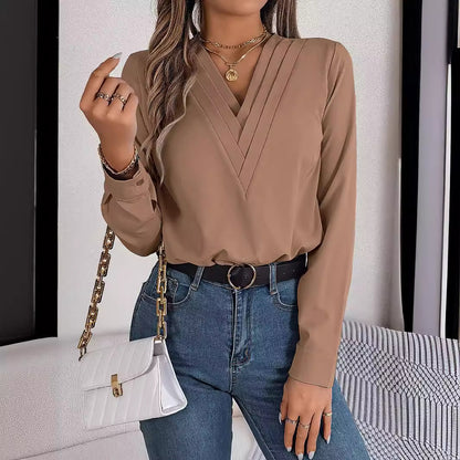 Real Shot Autumn Winter Elegant Solid Color Stacked V neck Long Sleeve Shirt Women Clothing