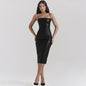 Women Sexy Faux Leather Cami Dress Slim Fit Backless Lace up Hip Wrapped Mid Length Dress Split Dress