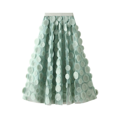 Spring Summer Three Dimensional Decoration Patch Stitching Mesh Women Midi Skirt Skirt With Lining