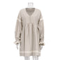 Women Clothing Summer Cotton Linen French Dress Office V neck Lantern Sleeve Loose Dress