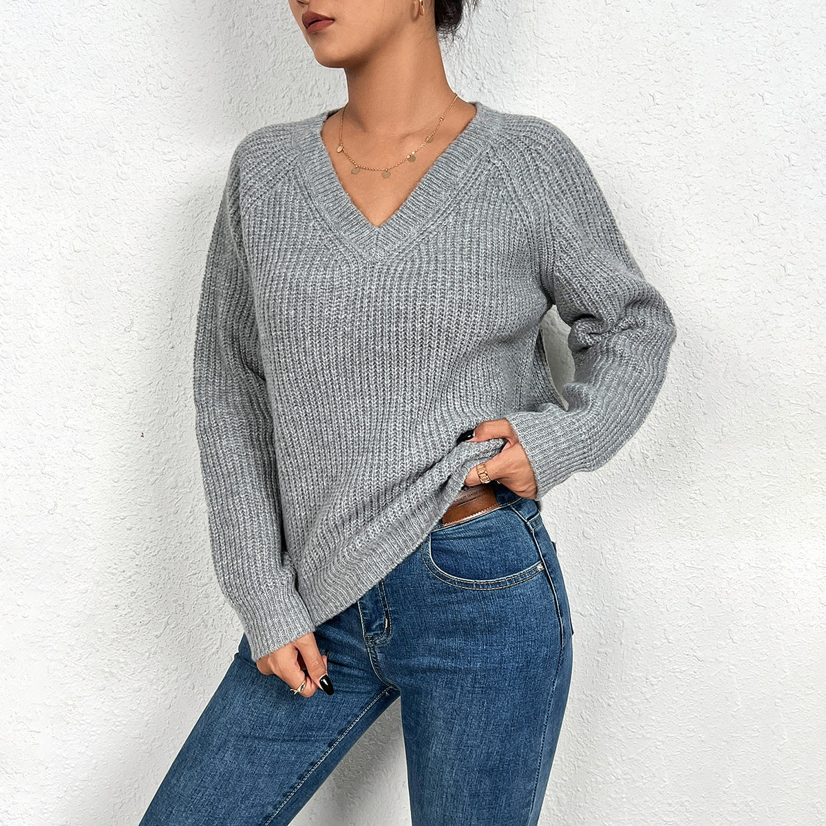 Spring Autumn Solid Color Knitted Sweater Women Elegant V neck Pullover Long Sleeve Solid Color Top