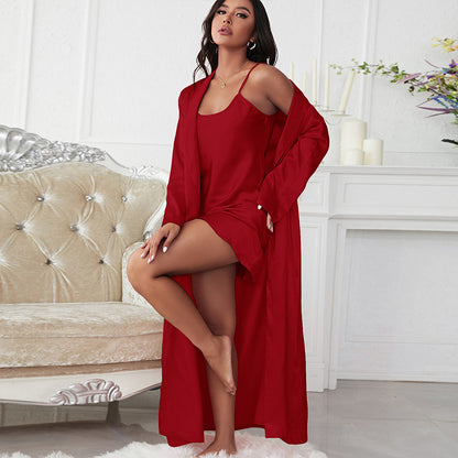 Imitated Silk Pajamas Sexy Lace Bathrobe Slip Nightdress Two Piece Women Artificial Silk Nightgown