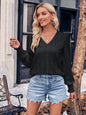 Casual Women Autumn Winter Slim V neck Solid Color Smocking Long Sleeve Top Women