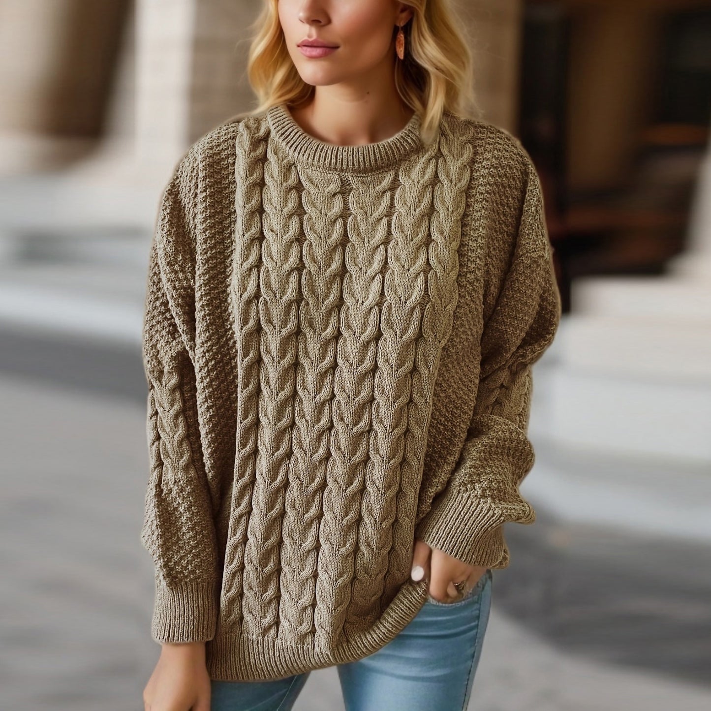 Autumn Winter Retro Solid Color Round Neck Long Sleeve Knitted Thick Needle Twist Pullover Loose Sweater