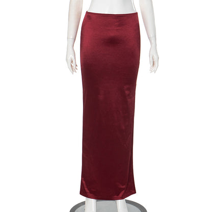 Women Summer Solid Color Personalized Bright Slit Slim Fitting Sheath Long Skirt