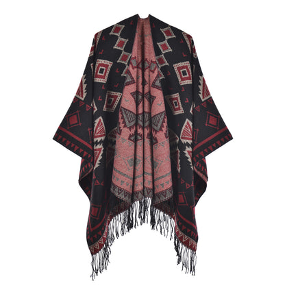 Women Split Shawl Warm Photography Camping Bohemian Tassel Shawl Cape