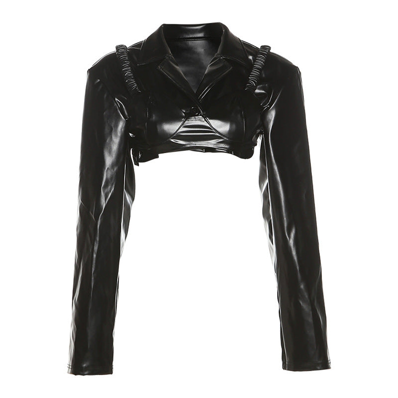 Autumn Trend Women Long Sleeve Collared Bare Cropped Slim Fit Slimming Faux Leather Shacket
