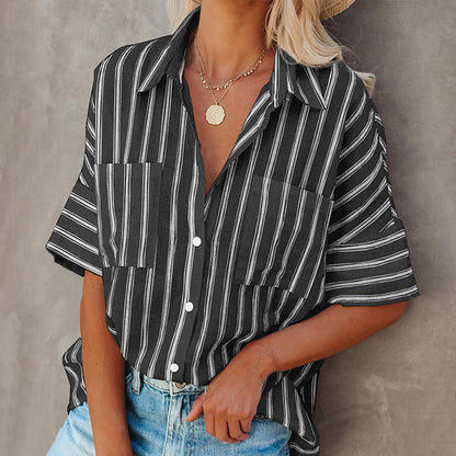 Summer Striped Collared Short-Sleeved Cardigan Single-Breasted Casual Shirt Women