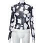 Black White Printed Long Sleeve Round Neck Pullover Women Slim Fit Slimming Summer