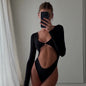 U Neck Long Sleeved Middle Hollow Out Cutout Cropped Long Sleeve Sexy Patchwork Ring Decorative Jumpsuit