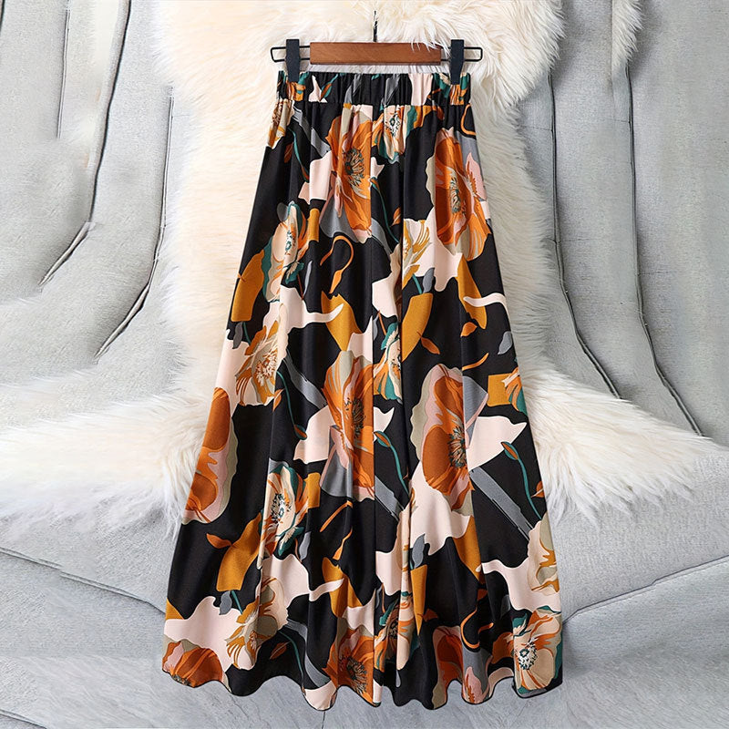 Spring Summer Micro Transparent Elastic Waist Printing Long Skirt Office All Matching a Swing Skirt Umbrella Skirt Women Clothing