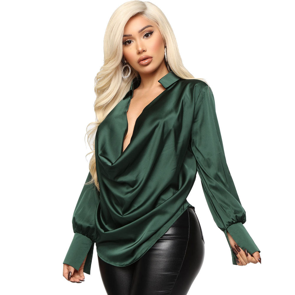 Fall Winter Sexy Long Sleeve Deep V Plunge Neck Satin All Match Women Shirt