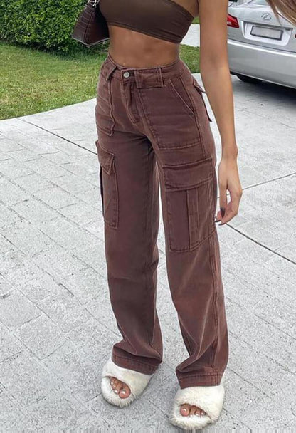 Bellows Pocket Loose High Waist Straight Jeans Cargo Pants Jeans